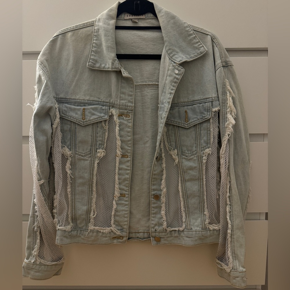 Distressed Denim Jacket with Mesh Accents